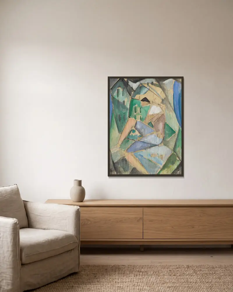 Kubistische Figur mit Häusern von Hermann Stenner gerahmt an einer Wand