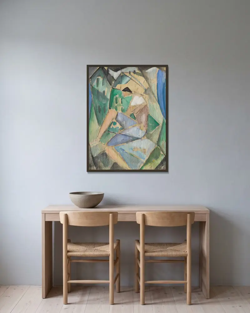 Kubistische Figur mit Häusern von Hermann Stenner gerahmt an einer Wand