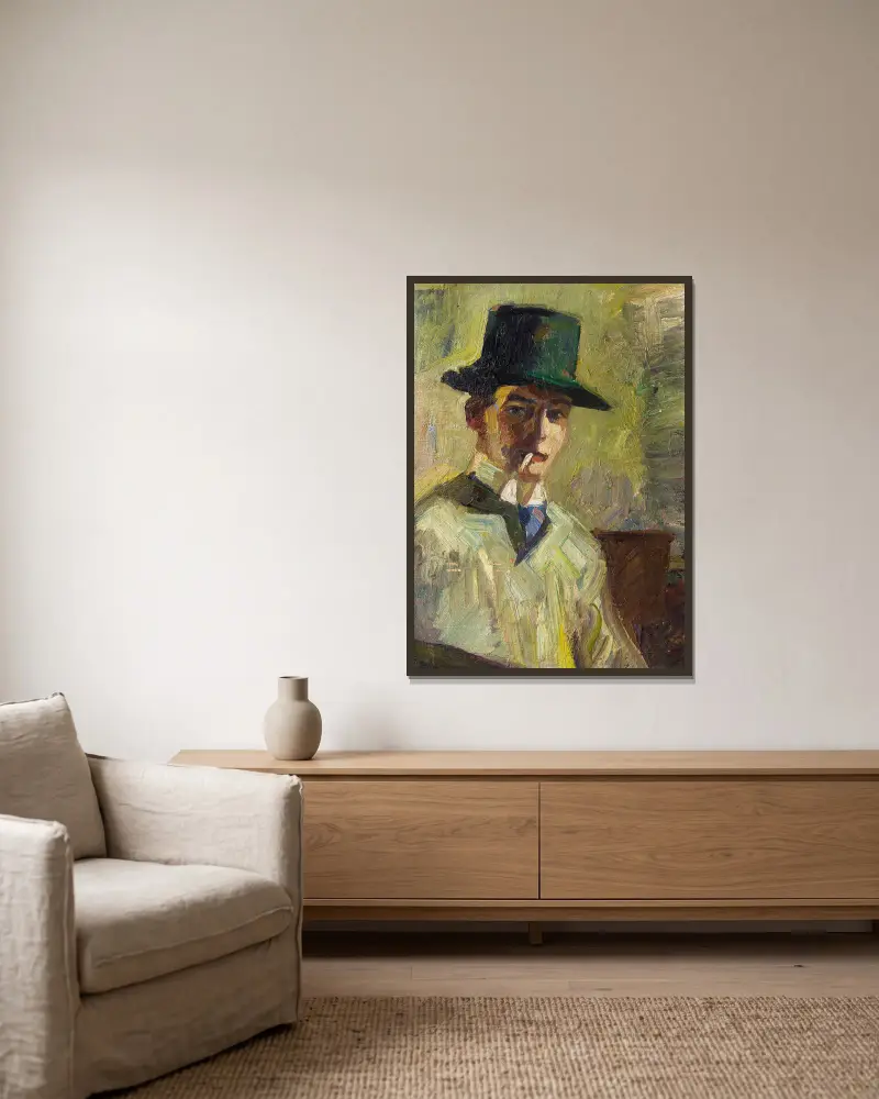 Selbstbildnis mit hohem Hut und Zigarette von Hermann Stenner gerahmt an einer Wand