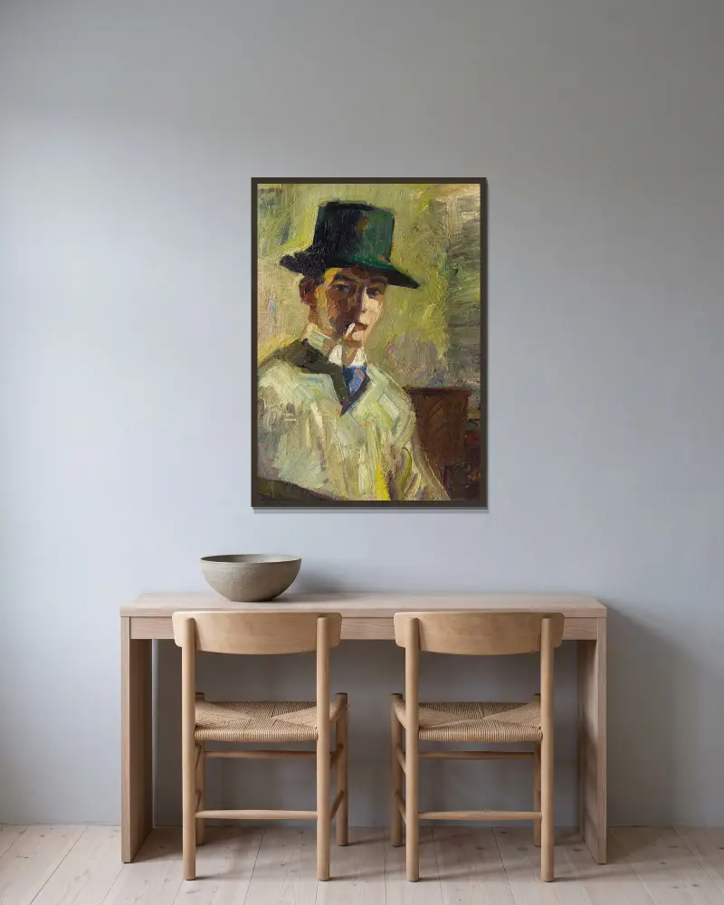 Selbstbildnis mit hohem Hut und Zigarette von Hermann Stenner gerahmt an einer Wand