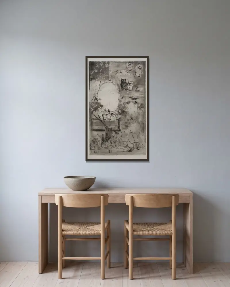 Dop i japansk stil av Félix Hilaire Buhot inramad på en vägg