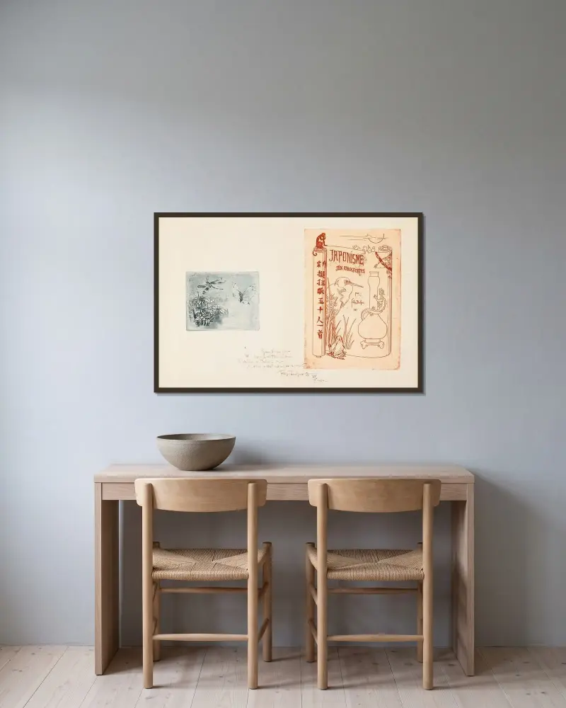 Bokmärke och titelsida från Japonisme av Félix Hilaire Buhot inramad på en vägg