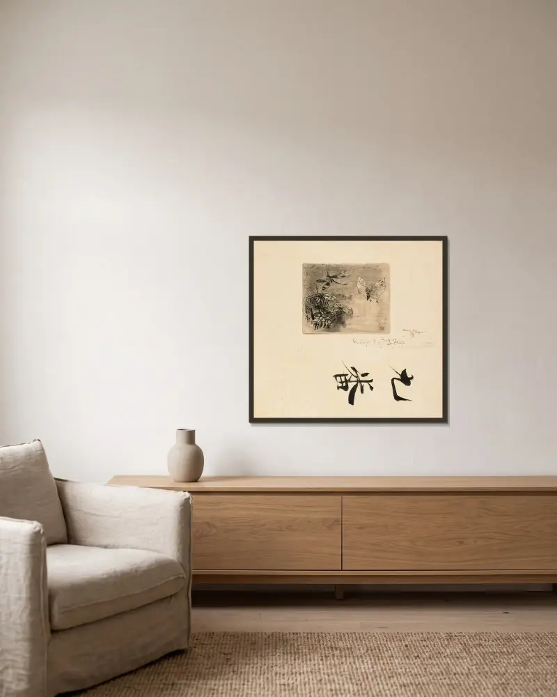 Schmetterling und Libelle – Exlibris, aus Japonisme von Félix Hilaire Buhot gerahmt an einer Wand