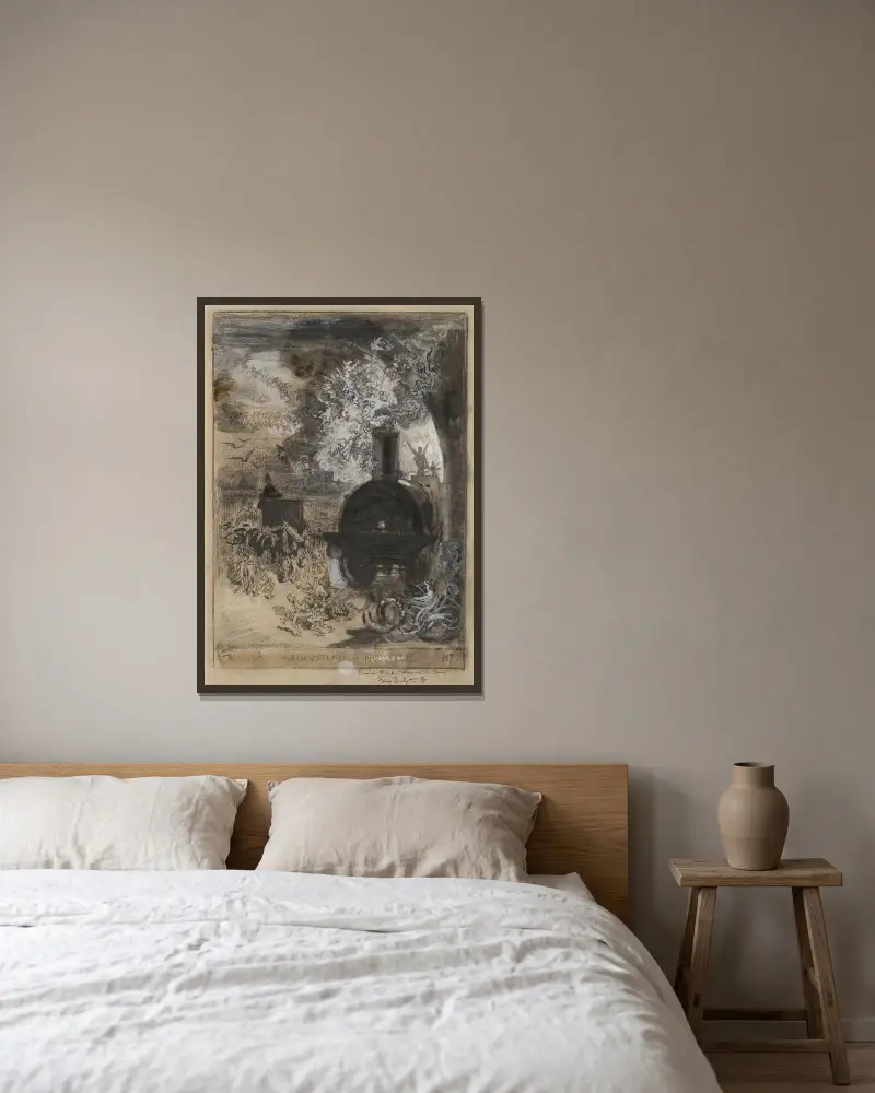 Frontespis för L’Illustration Nouvelle – Gravyrstickelns begravning av Félix Hilaire Buhot inramad på en vägg