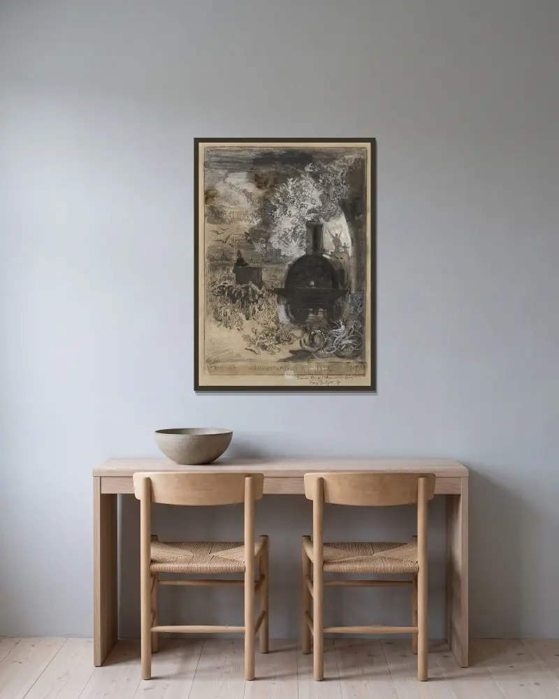 Frontespis för L’Illustration Nouvelle – Gravyrstickelns begravning av Félix Hilaire Buhot inramad på en vägg