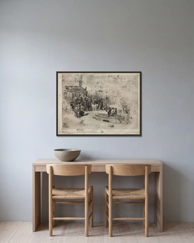 Place Pigalle 1878 av Félix Hilaire Buhot inramad på en vägg