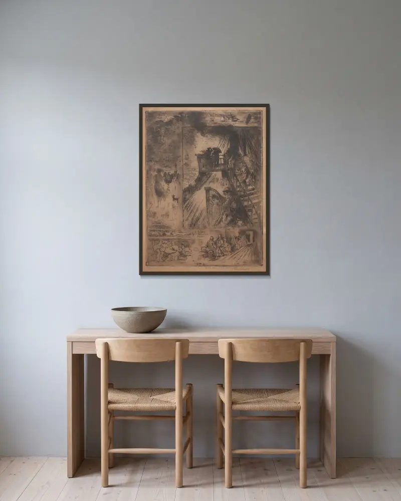 Die Überfahrt von Félix Hilaire Buhot gerahmt an einer Wand