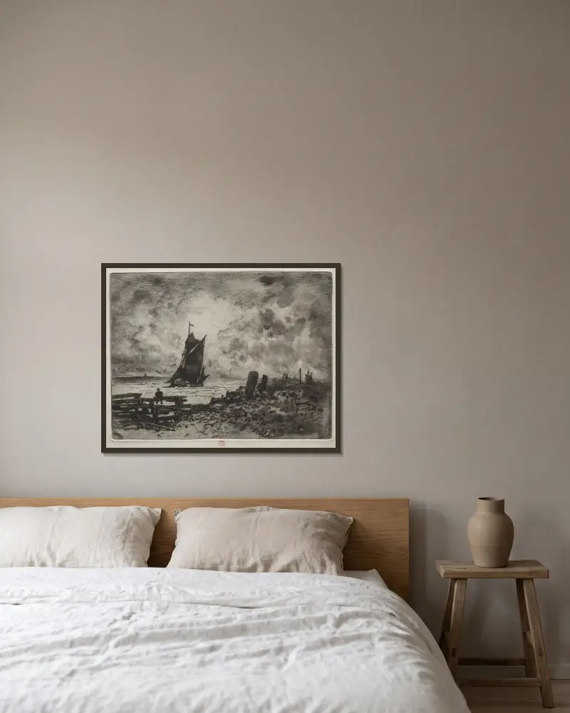 Den lilla sjömannen; Minne från Medway av Félix Hilaire Buhot inramad på en vägg