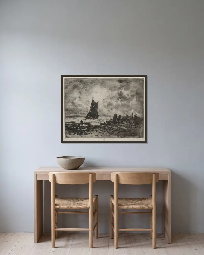 Den lilla sjömannen; Minne från Medway av Félix Hilaire Buhot inramad på en vägg