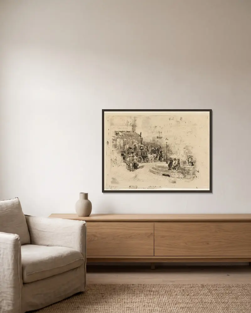 The Place Pigalle in 1878 av Félix Hilaire Buhot inramad på en vägg