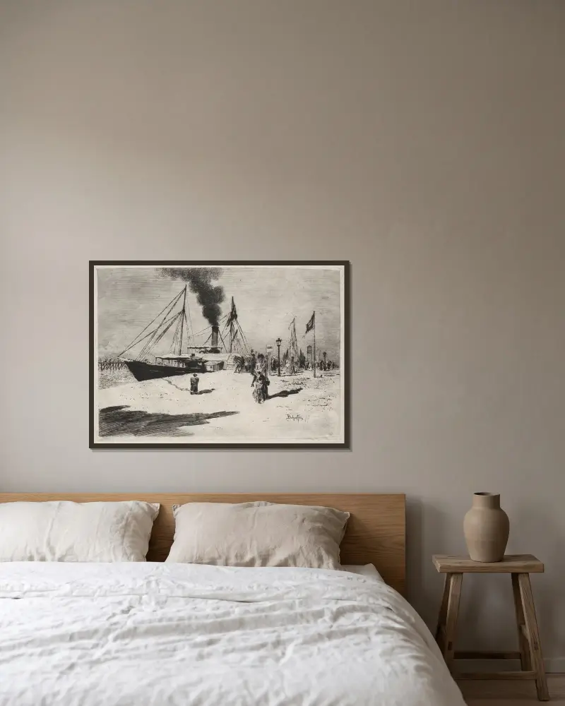 Kajen i Trouville av Félix Hilaire Buhot inramad på en vägg
