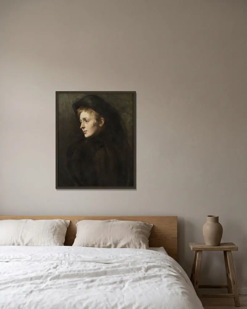 Lady in Mourning av Hildegard Thorell inramad på en vägg