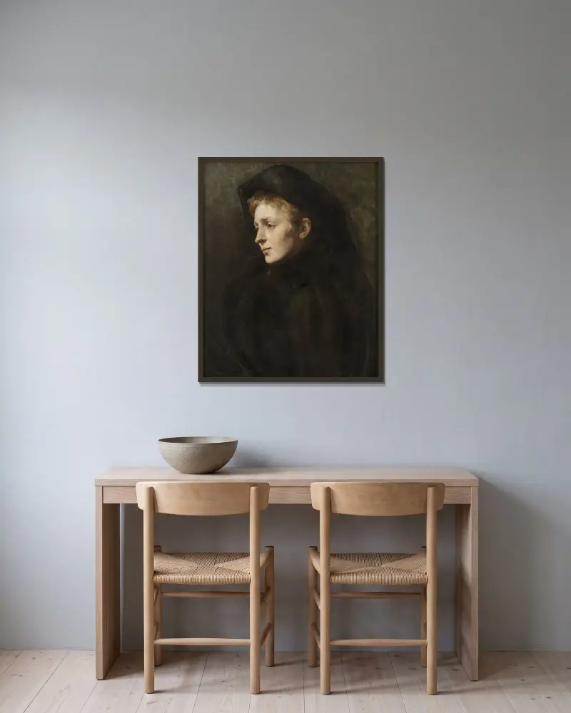 Lady in Mourning av Hildegard Thorell inramad på en vägg