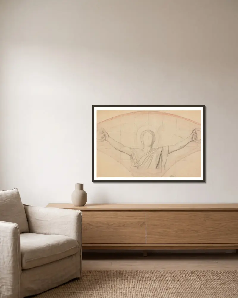 Study for an angel holding wreaths av Jean-Hippolyte Flandrin inramad på en vägg