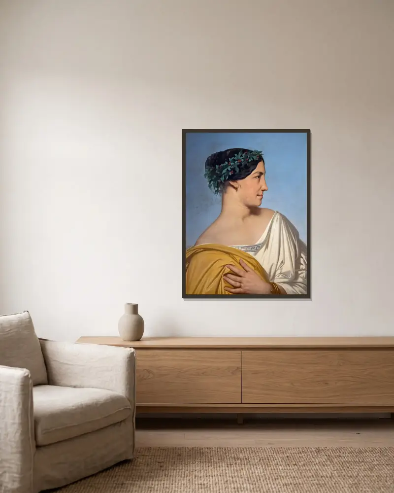 Woman head av Jean-Hippolyte Flandrin inramad på en vägg