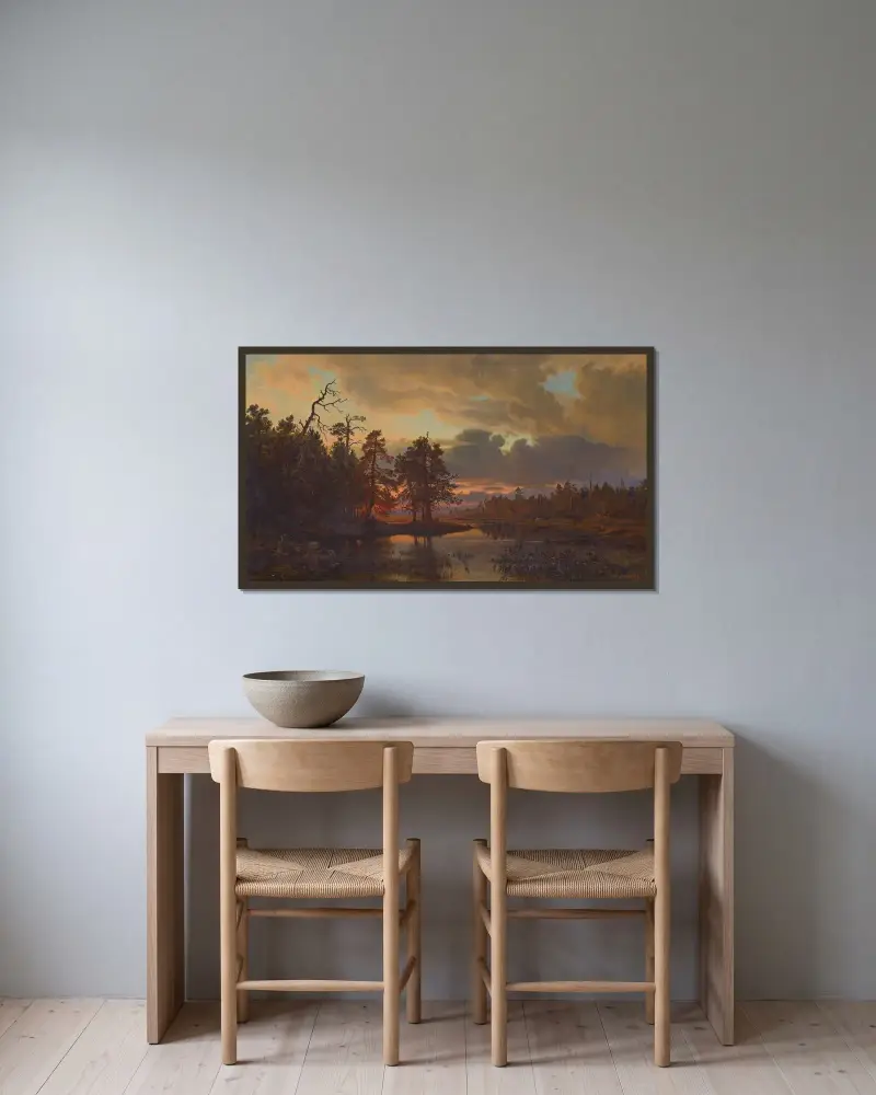 Ett finskt landskap av Hjalmar Munsterhjelm inramad på en vägg