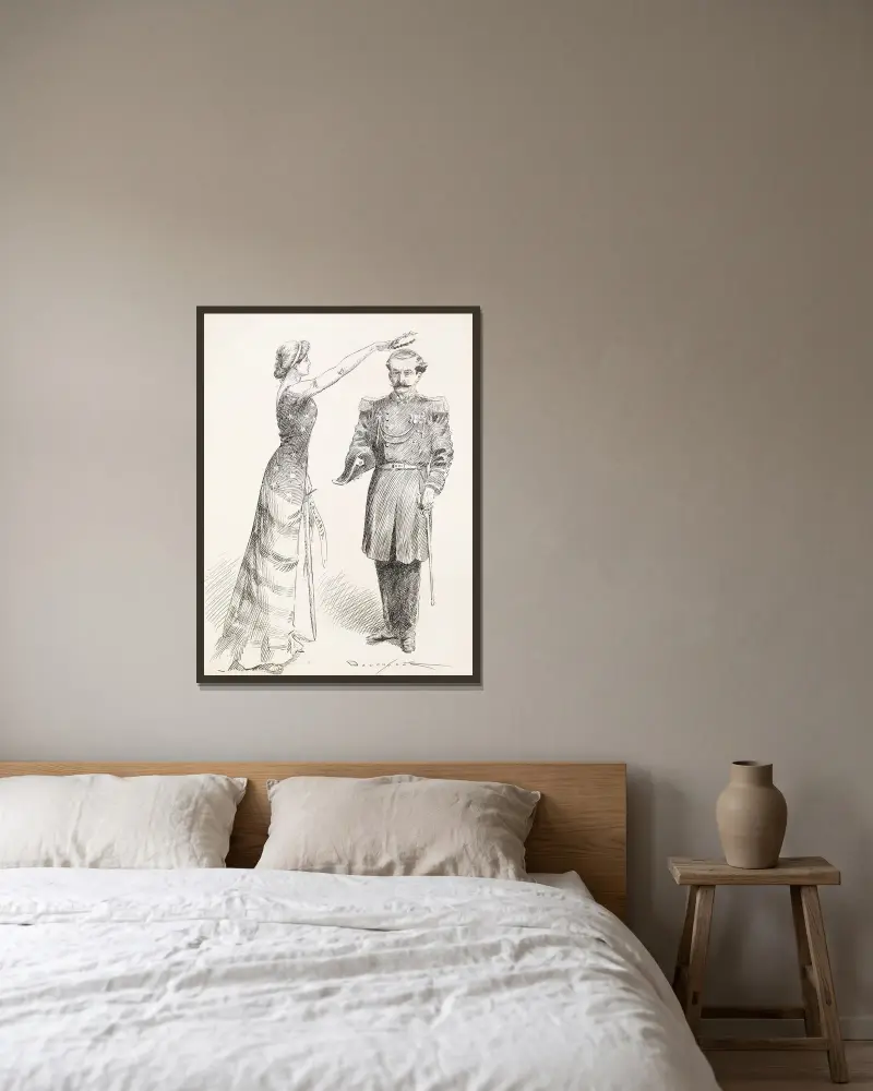Eine Columbia darstellende Frau im Sternen- und Streifenkleid setzt einem Mann in Militäruniform einen Lorbeerkranz auf den Kopf von Homer Davenport gerahmt an einer Wand