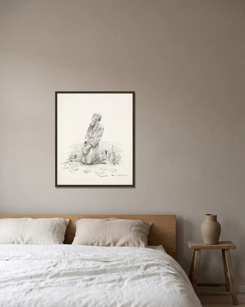 En gammal man på knä, bedjande av Homer Davenport inramad på en vägg