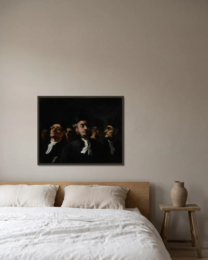 En sammankomst av jurister av Honoré Daumier inramad på en vägg