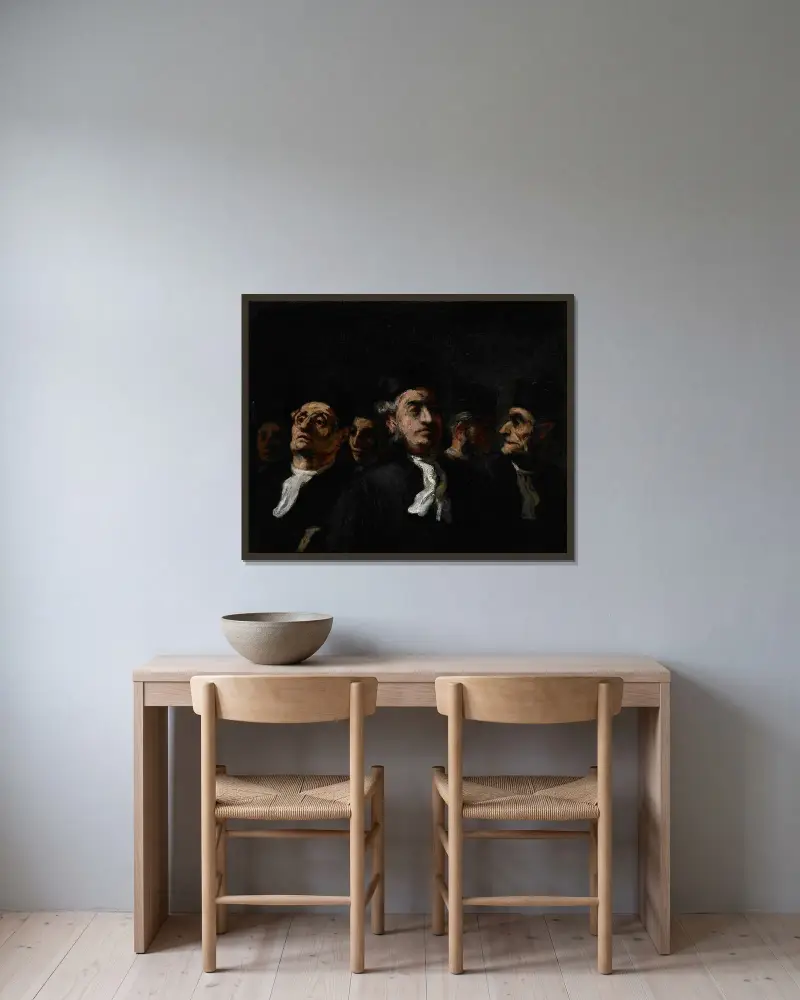 En sammankomst av jurister av Honoré Daumier inramad på en vägg