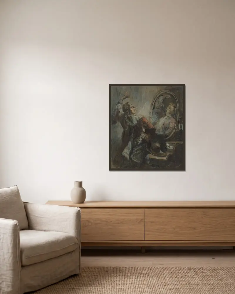 Skådespelare poserar framför en spegel av Honoré Daumier inramad på en vägg