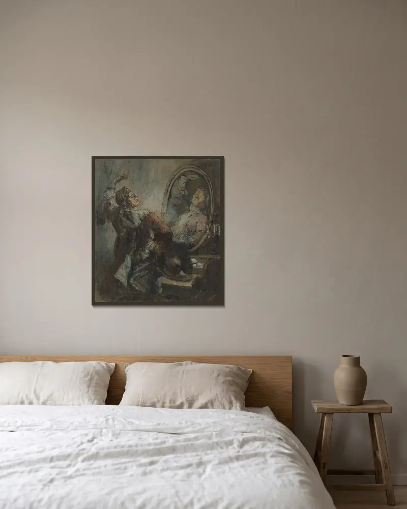 Skådespelare poserar framför en spegel av Honoré Daumier inramad på en vägg