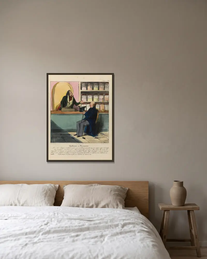 Apotekare i apotek av Honoré Daumier inramad på en vägg