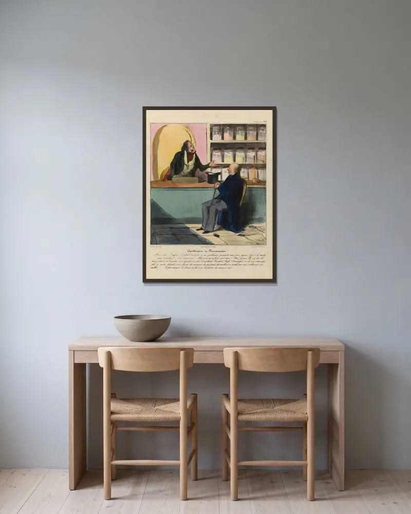 Apotekare i apotek av Honoré Daumier inramad på en vägg