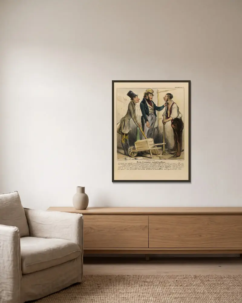 Uppfiningspatentet, kapital 3 miljoner av Honoré Daumier inramad på en vägg