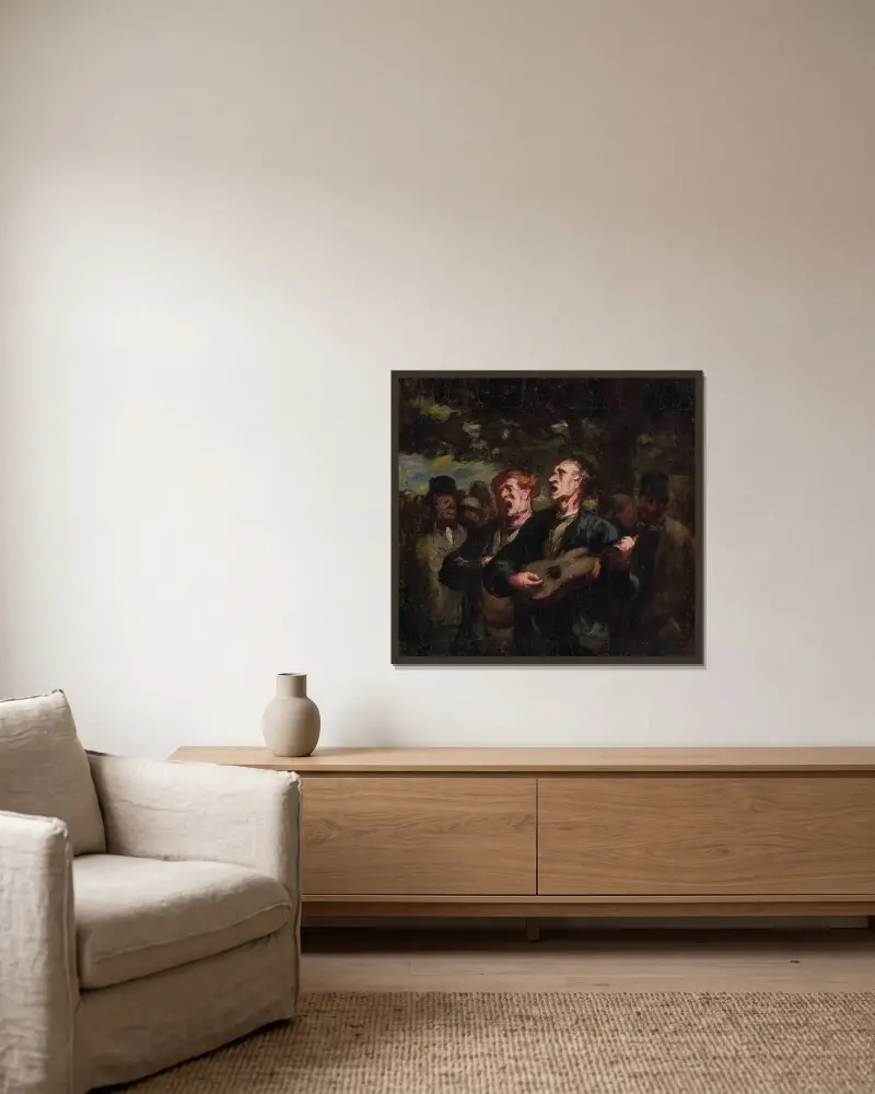 Kringresande sångare av Honoré Daumier inramad på en vägg