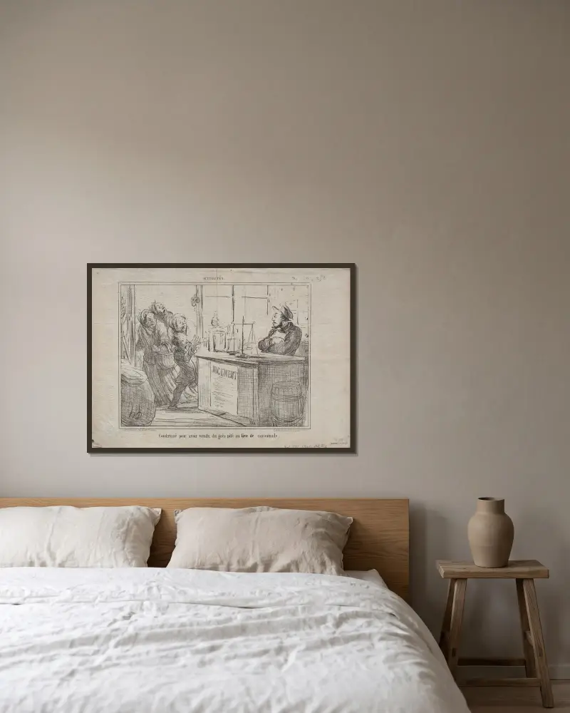 Dömd för att ha sålt krossad sandsten i stället för farinsocker av Honoré Daumier inramad på en vägg