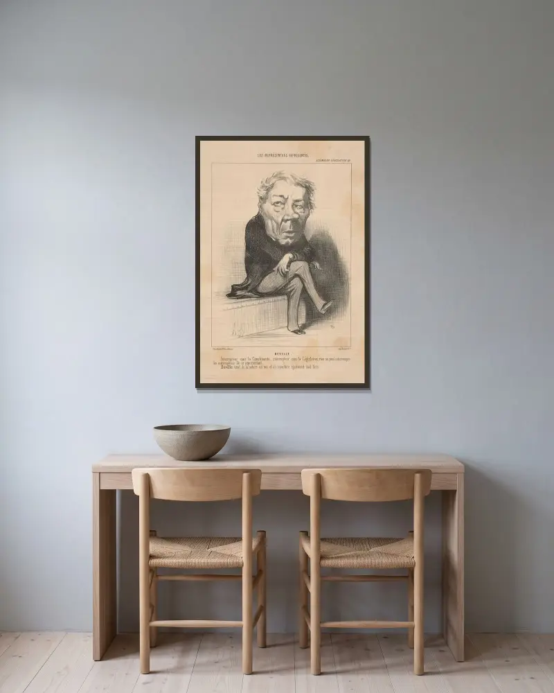 Man sittande framifrån, vanställt ansikte av Honoré Daumier inramad på en vägg