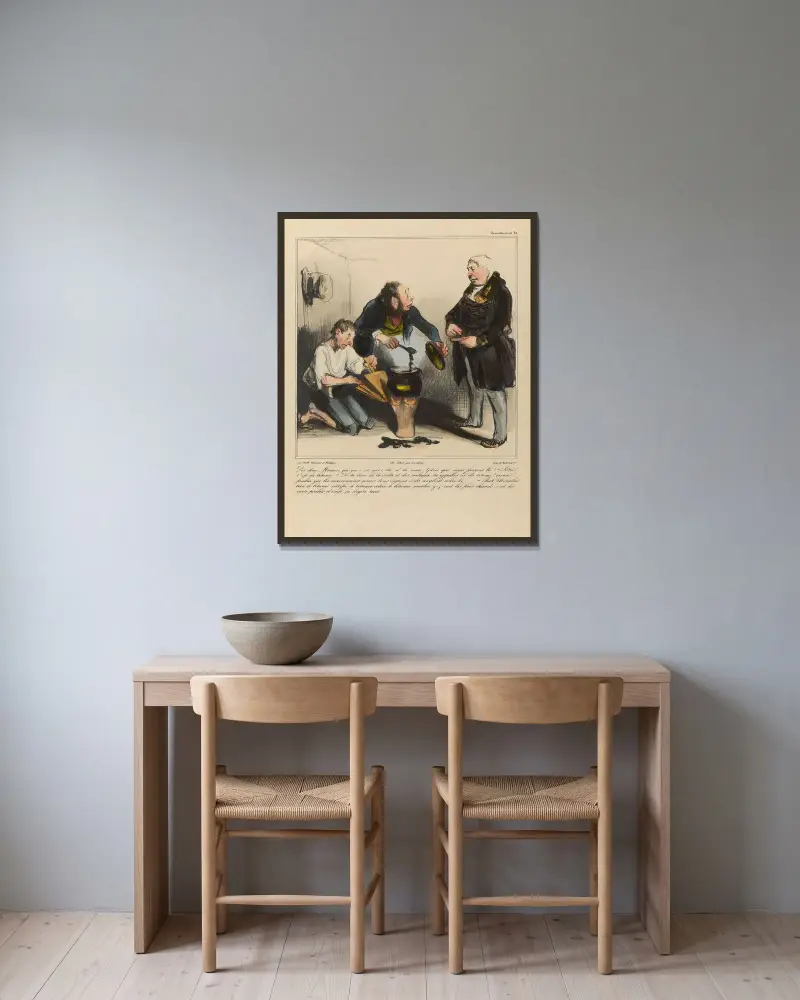 Dis donc Macaire, que que c’est que c’thé d’la mère Gibou que nous faisons là av Honoré Daumier inramad på en vägg
