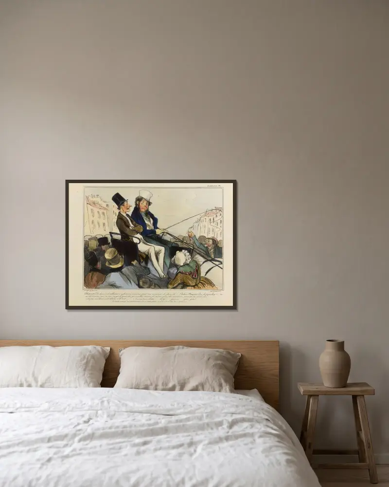 (Bertrand) Dis donc, s’ils allaient nous faire un mauvais parti tous ces meurt-de-faim-là … av Honoré Daumier inramad på en vägg