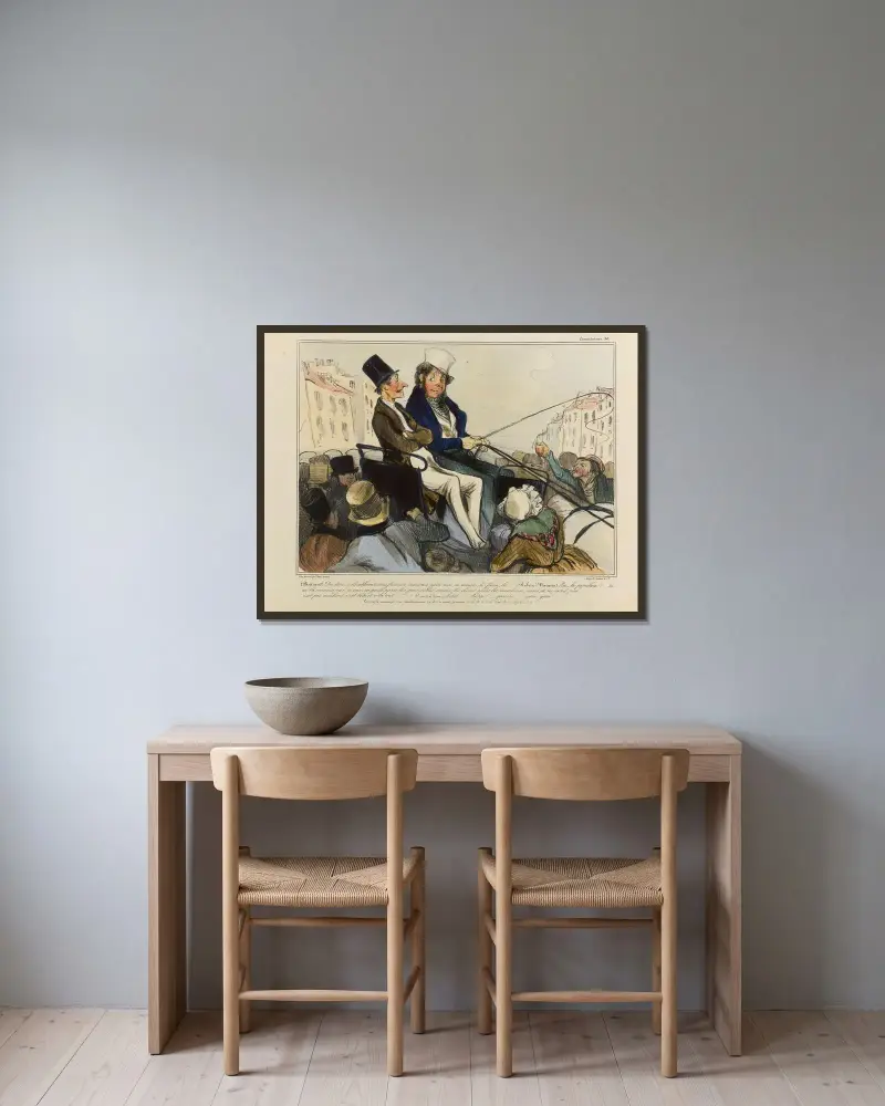 (Bertrand) Dis donc, s’ils allaient nous faire un mauvais parti tous ces meurt-de-faim-là … av Honoré Daumier inramad på en vägg