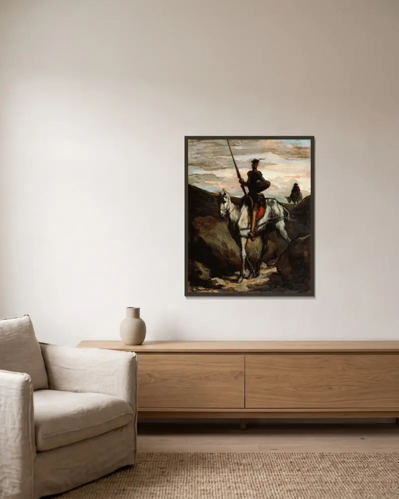 Don Quijote i bergen av Honoré Daumier inramad på en vägg