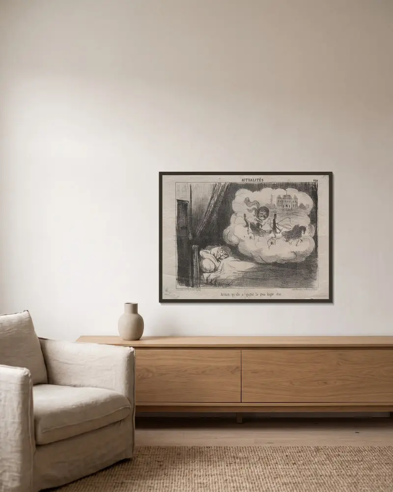 Drömmen att hon vunnit den stora guldtackan av Honoré Daumier inramad på en vägg
