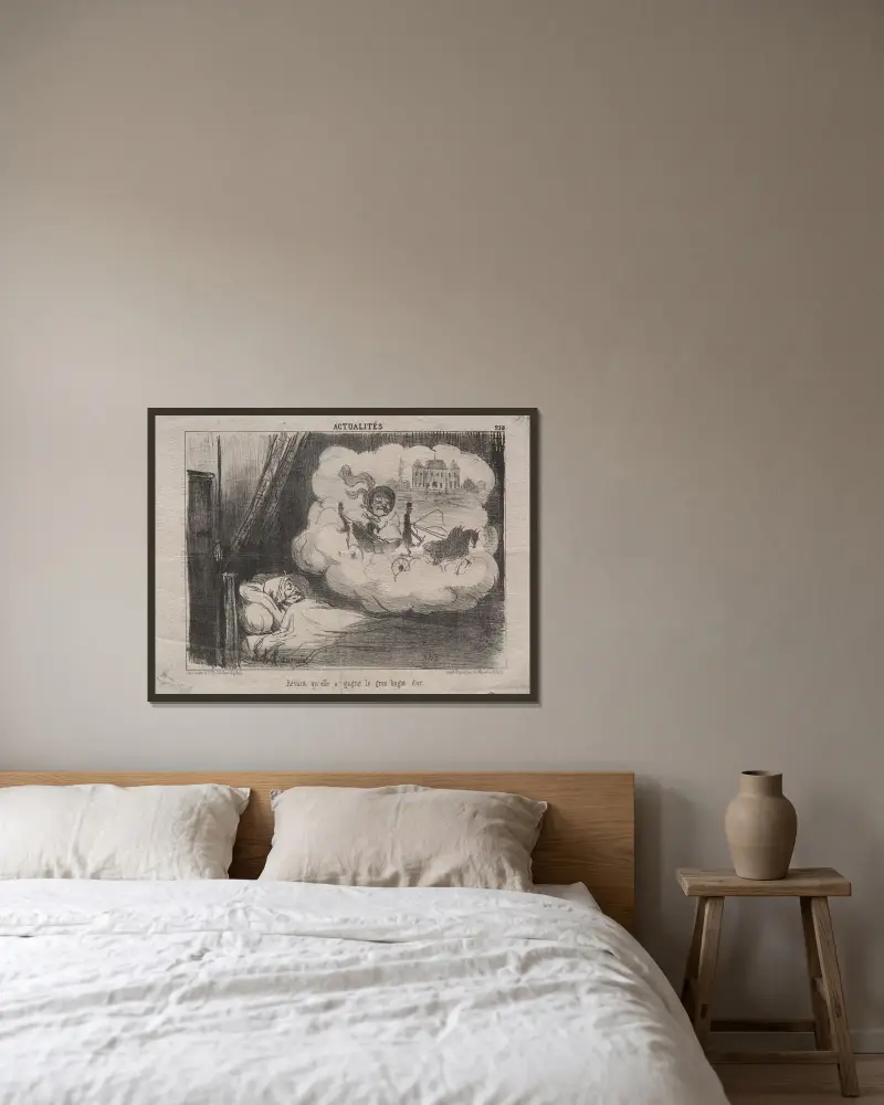 Drömmen att hon vunnit den stora guldtackan av Honoré Daumier inramad på en vägg