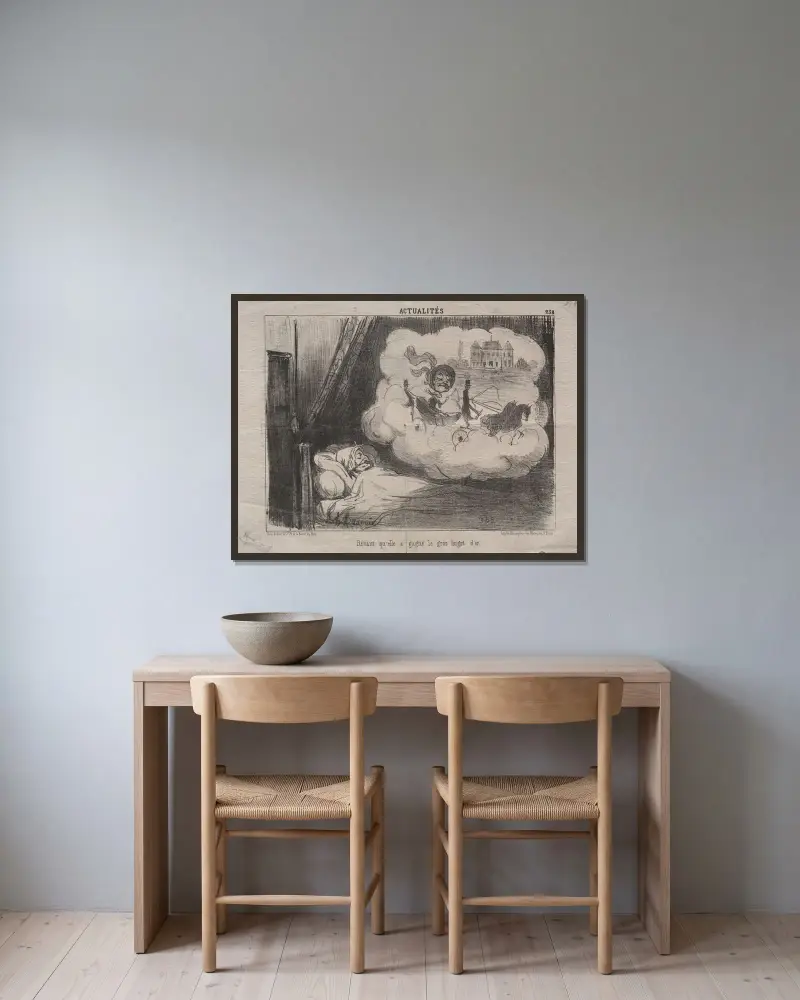Drömmen att hon vunnit den stora guldtackan av Honoré Daumier inramad på en vägg