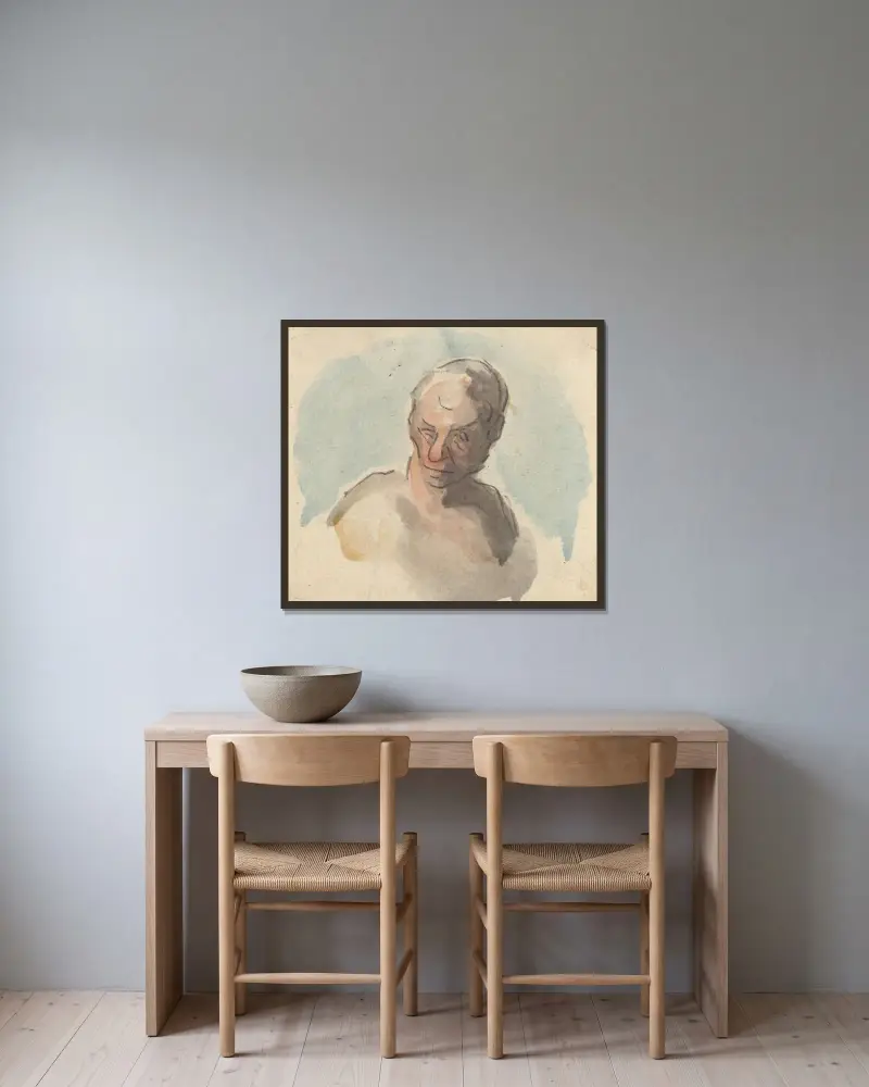 Manshuvud V av Honoré Daumier inramad på en vägg