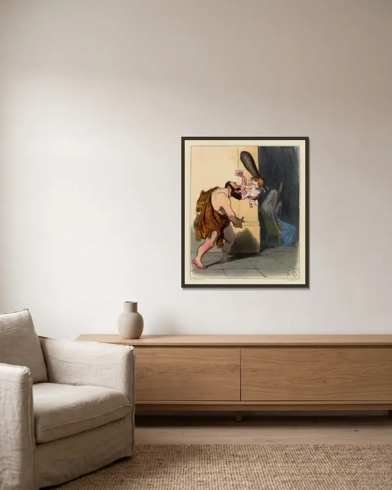 Herkules tämjd av kärleken av Honoré Daumier inramad på en vägg