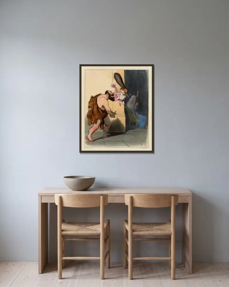 Herkules tämjd av kärleken av Honoré Daumier inramad på en vägg