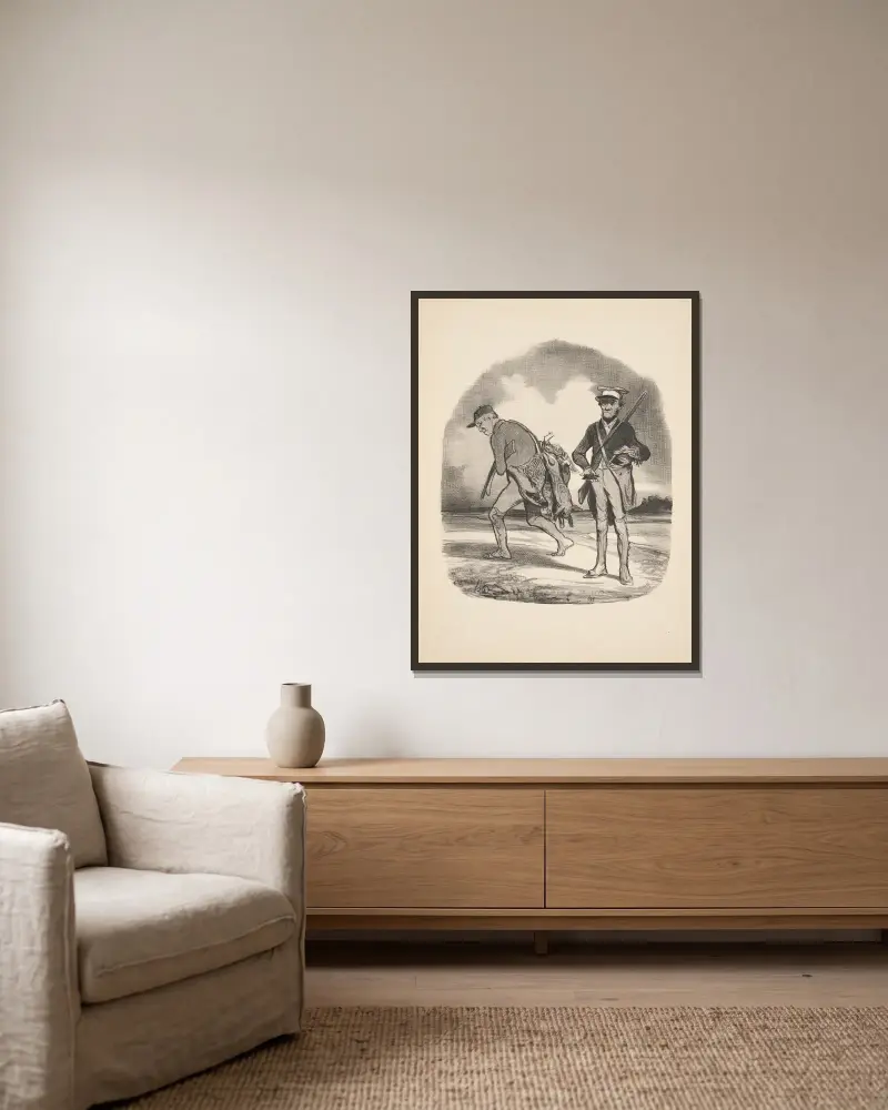 Hunting and fishing Pl.06 av Honoré Daumier inramad på en vägg