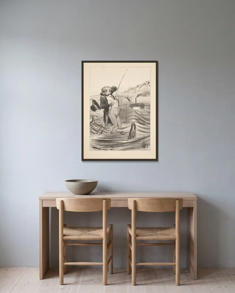 Hunting and fishing Pl.19 av Honoré Daumier inramad på en vägg