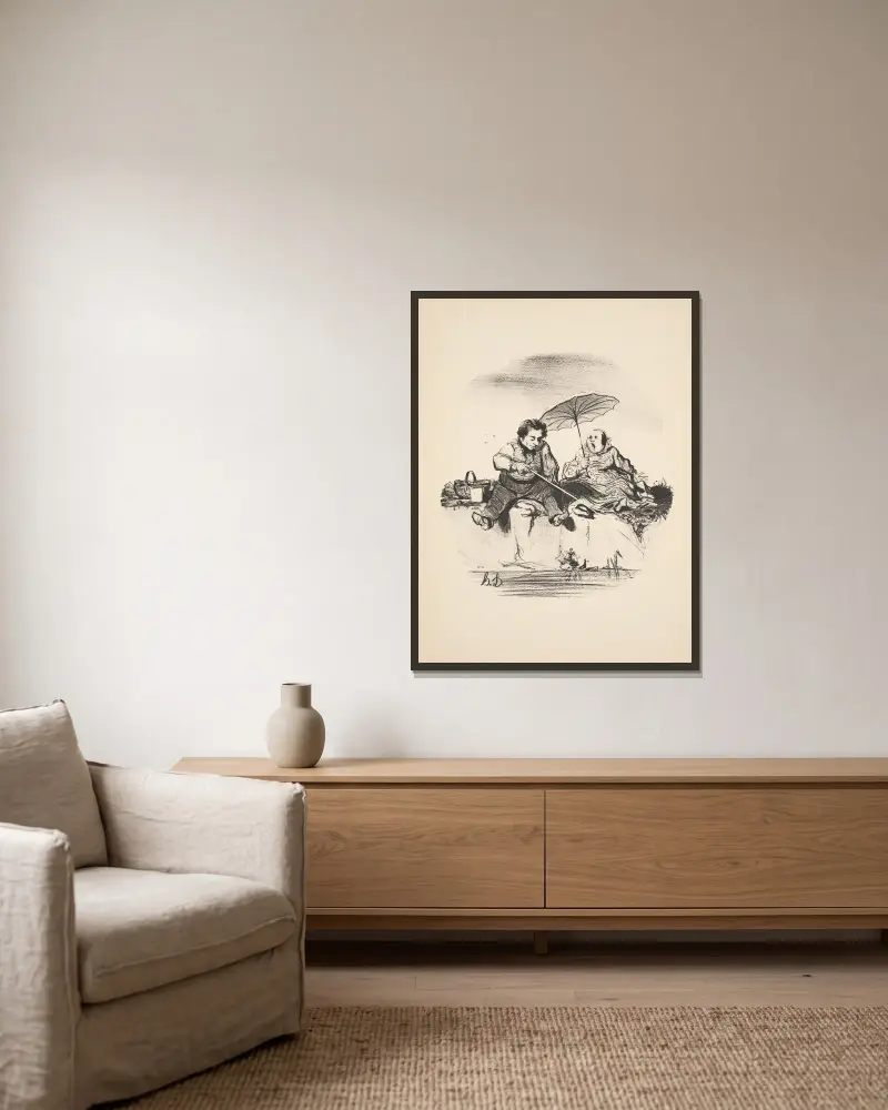 Jakt och fiske, plansch 23 av Honoré Daumier inramad på en vägg