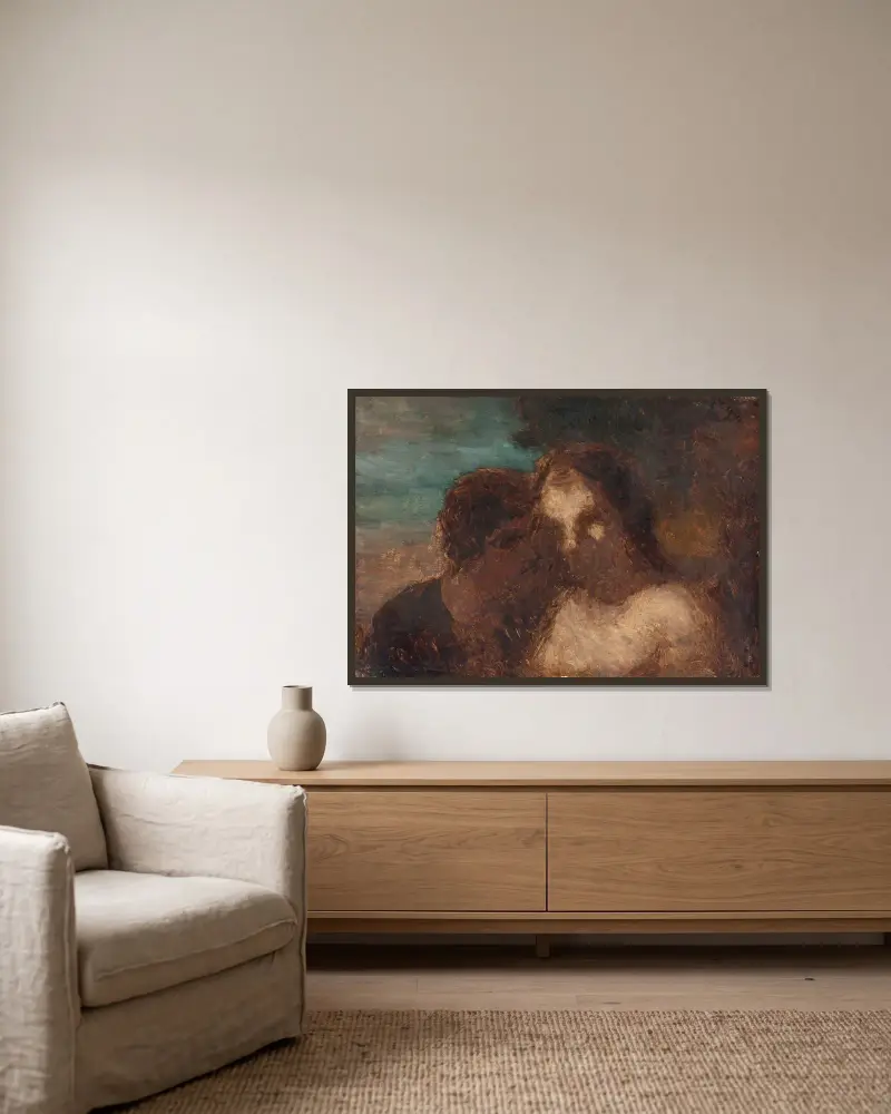 Förtroendet eller Judas kyss av Honoré Daumier inramad på en vägg