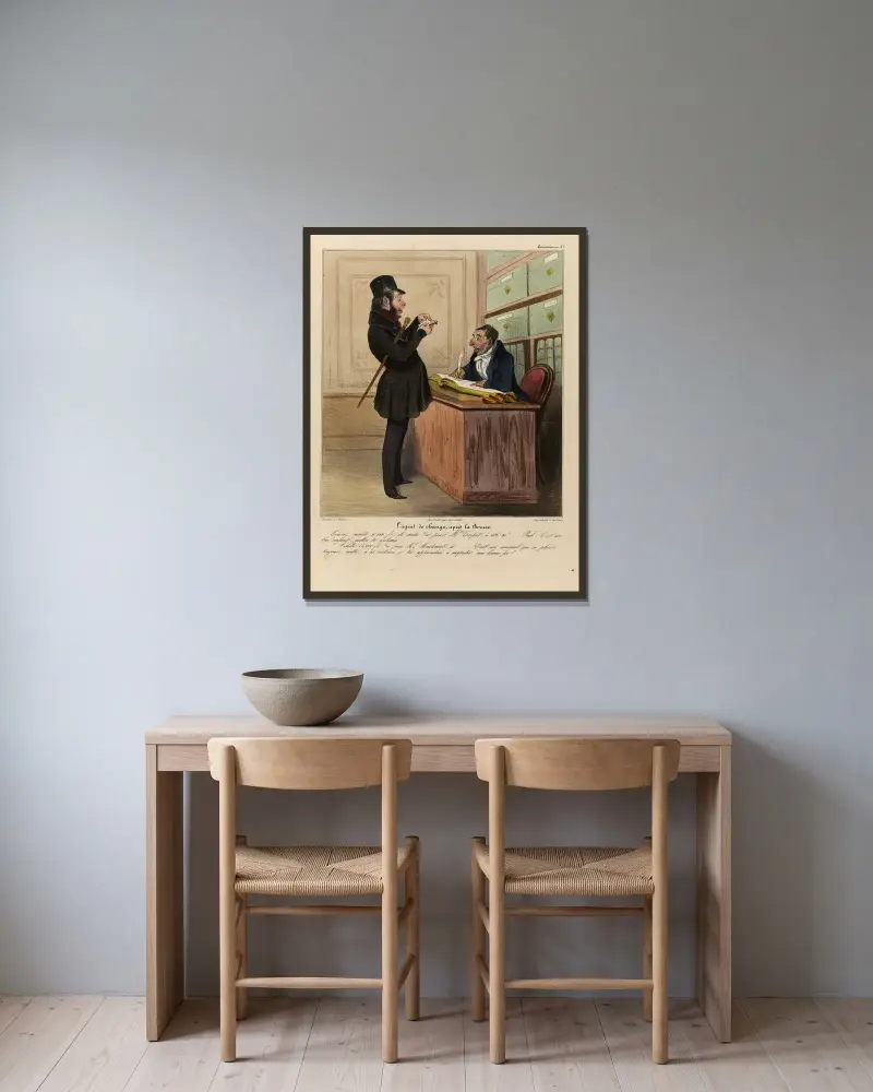 Börsmäklaren, efter börsen av Honoré Daumier inramad på en vägg