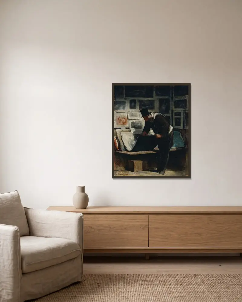 Konstsamlaren av Honoré Daumier inramad på en vägg