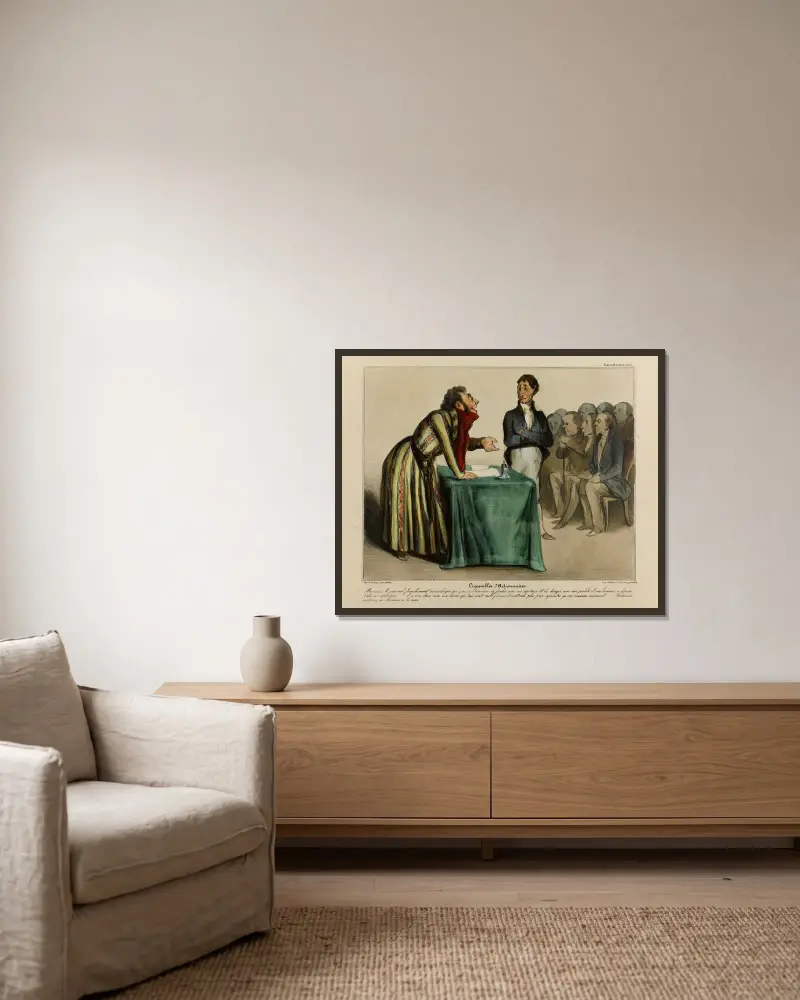 Aktieägarmötet av Honoré Daumier inramad på en vägg