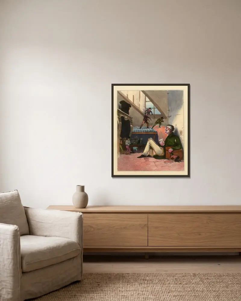 Snåljåpen av Honoré Daumier inramad på en vägg